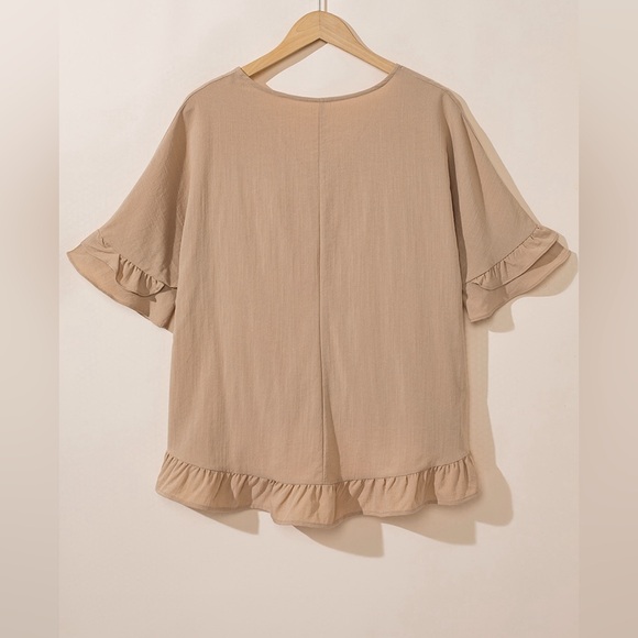 Light French Beige Loose Ruffled V Neck Blouse Bohemian Top - Picture 9 of 14